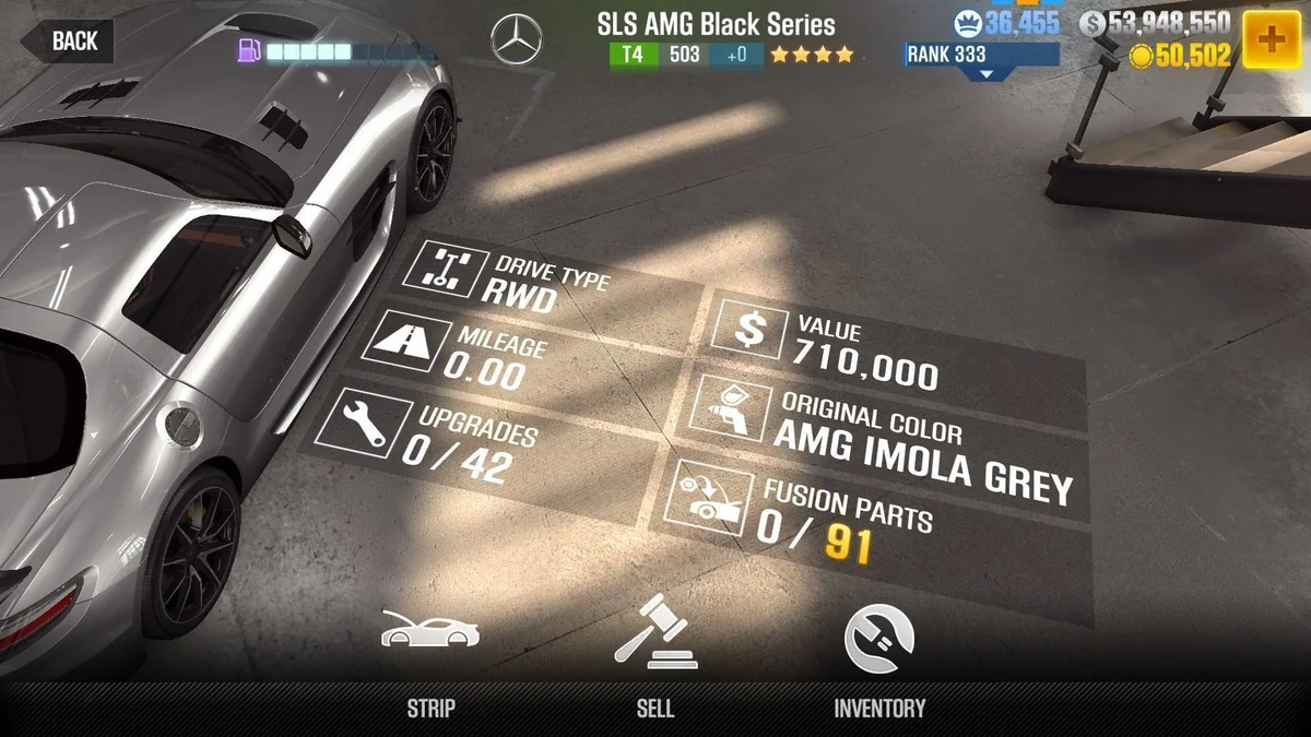 Mercedes-Benz SLS AMG Black Series CSR2 fusion parts and upgrade breakdown, tier 4 gold star car