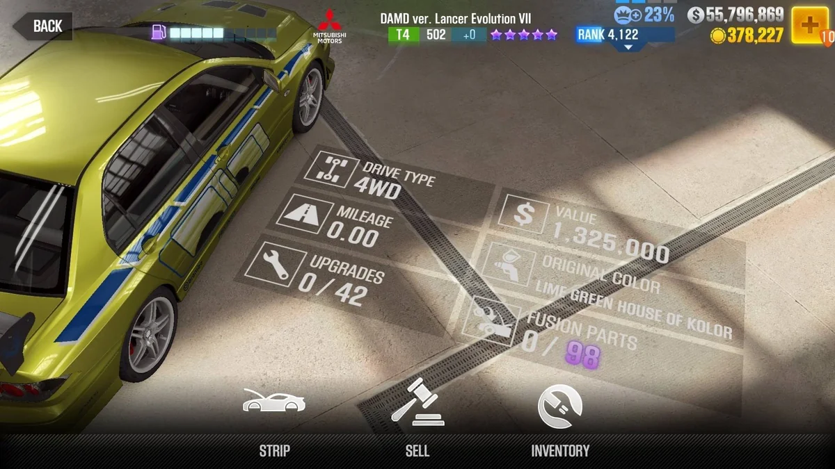 Mitsubishi Brain's DAMD ver. Lancer Evolution VII CSR2 fusion parts and tune setup