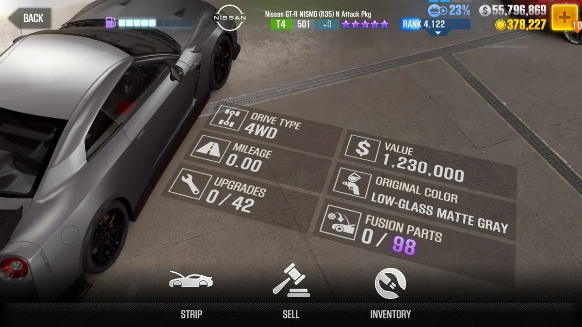 Nissan GT-R NISMO (R35) N Attack Pkg CSR2 fusion parts and tune setup