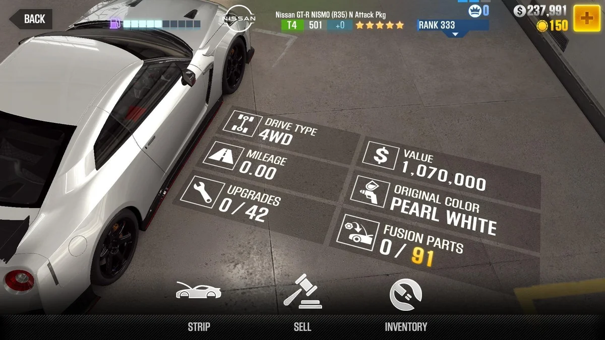 Nissan GT-R NISMO (R35) N Attack Pkg CSR2 fusion parts and upgrade breakdown, tier 4 gold star car