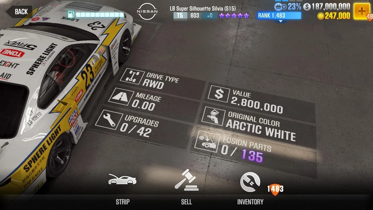 Nissan LB Super Silhouette Silvia (S15) CSR2 fusion parts and upgrade breakdown, tier 5 purple star car