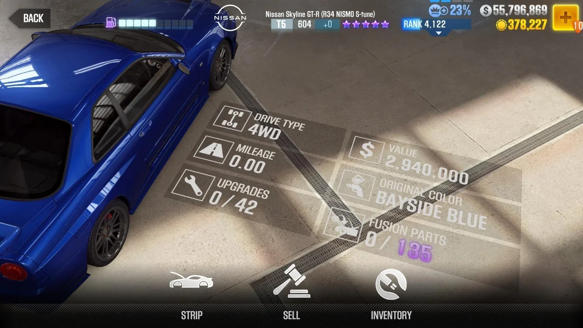Nissan Brian's Nissan Skyline GT-R (R34 NISMO S-tune) CSR2 fusion parts and tune setup