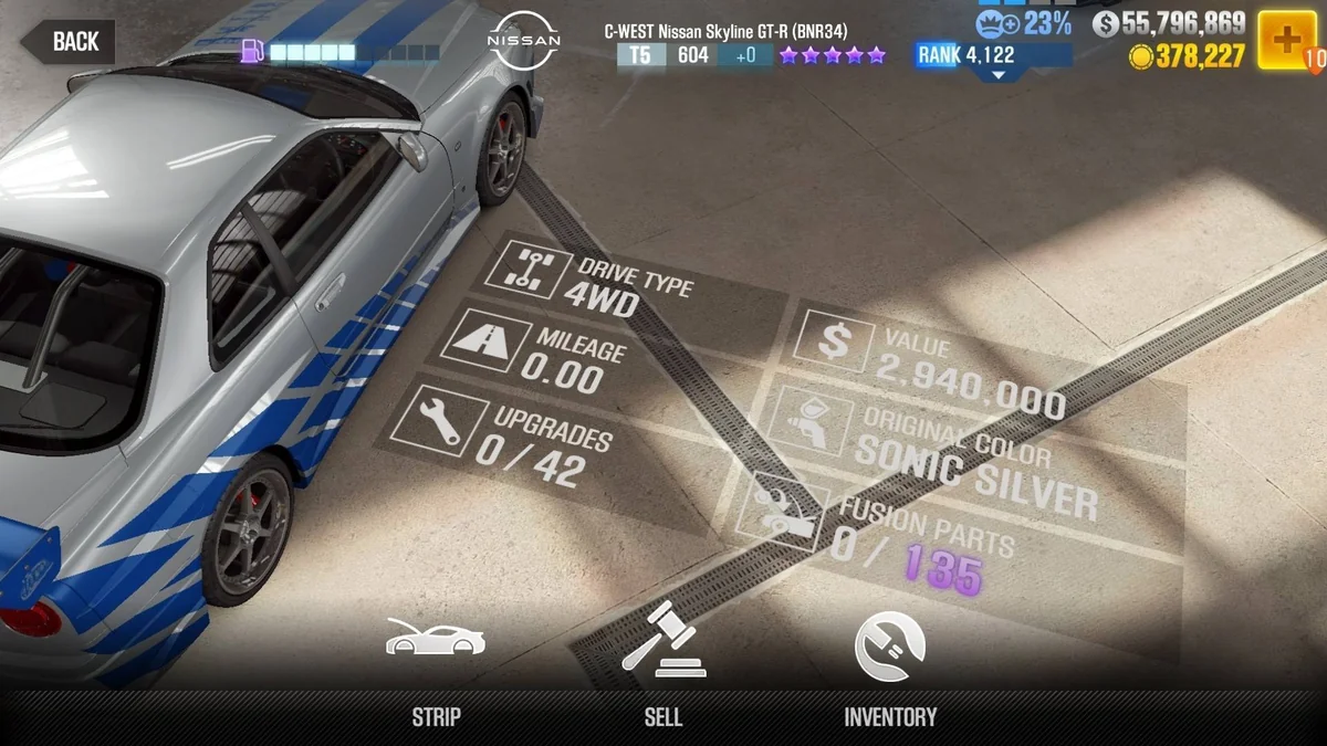 Nissan Brian's C-WEST Skyline GT-R (BNR34) CSR2 fusion parts and tune setup