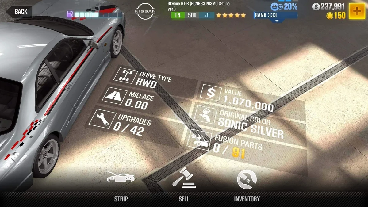 Nissan Skyline GT-R (BCNR33 Nismo S-tune ver.) CSR2 fusion parts and tune setup