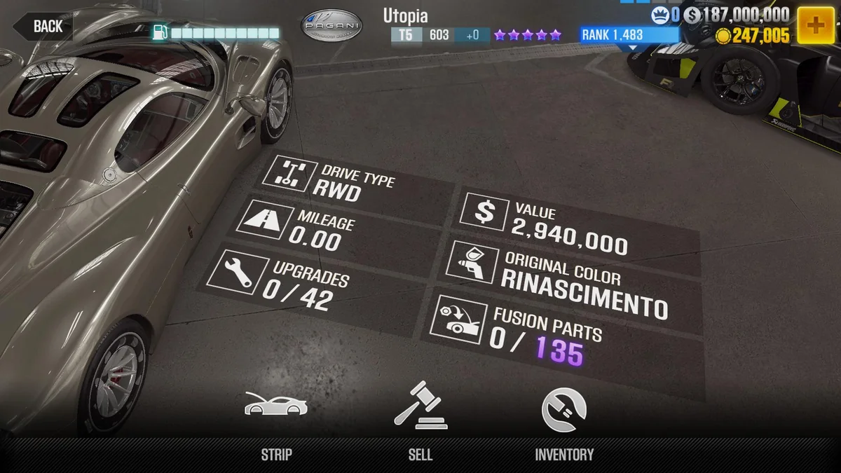 Pagani Utopia CSR2 fusion parts and upgrade breakdown, tier 5 gold star car