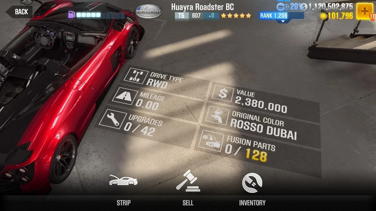 Pagani Huayra Roadster BC CSR2 fusion parts and upgrade breakdown, tier 5 gold star car