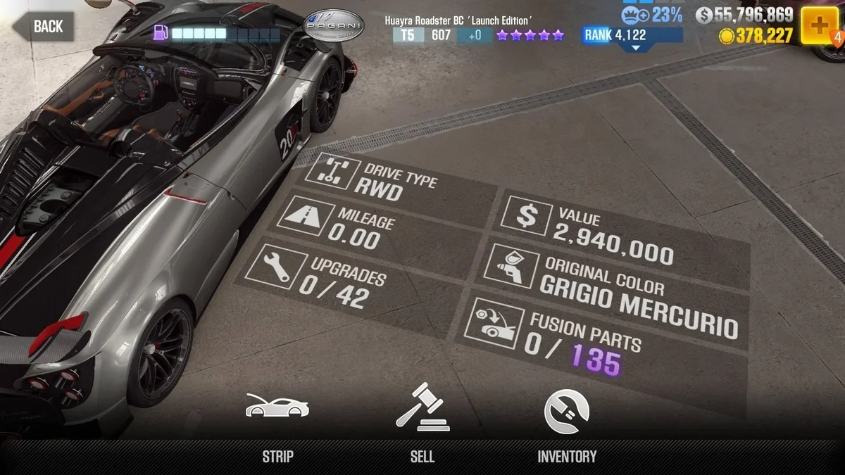 Pagani Huayra Roadster BC 'Launch Edition' CSR2 fusion parts and tune setup
