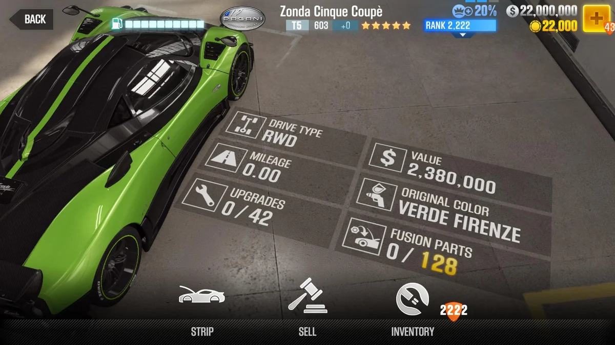 Pagani Zonda Cinque Coupe CSR2 fusion parts and tune setup