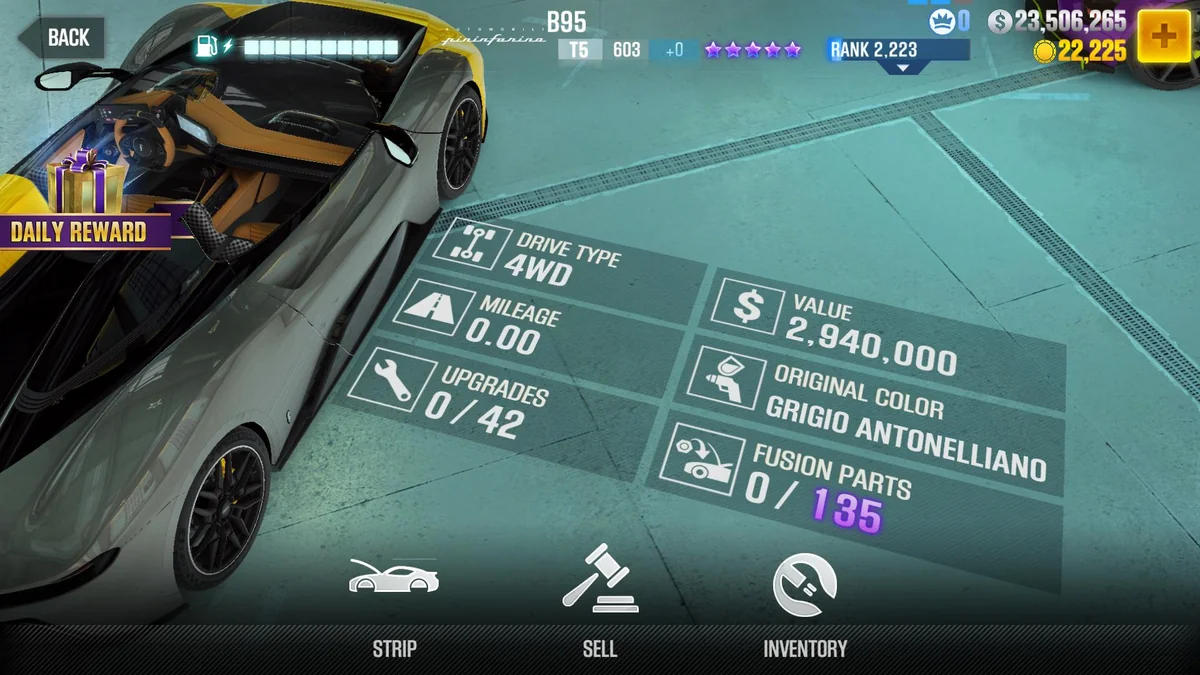 Pininfarina B95 CSR2 fusion parts and upgrade breakdown, tier 5 purple star car