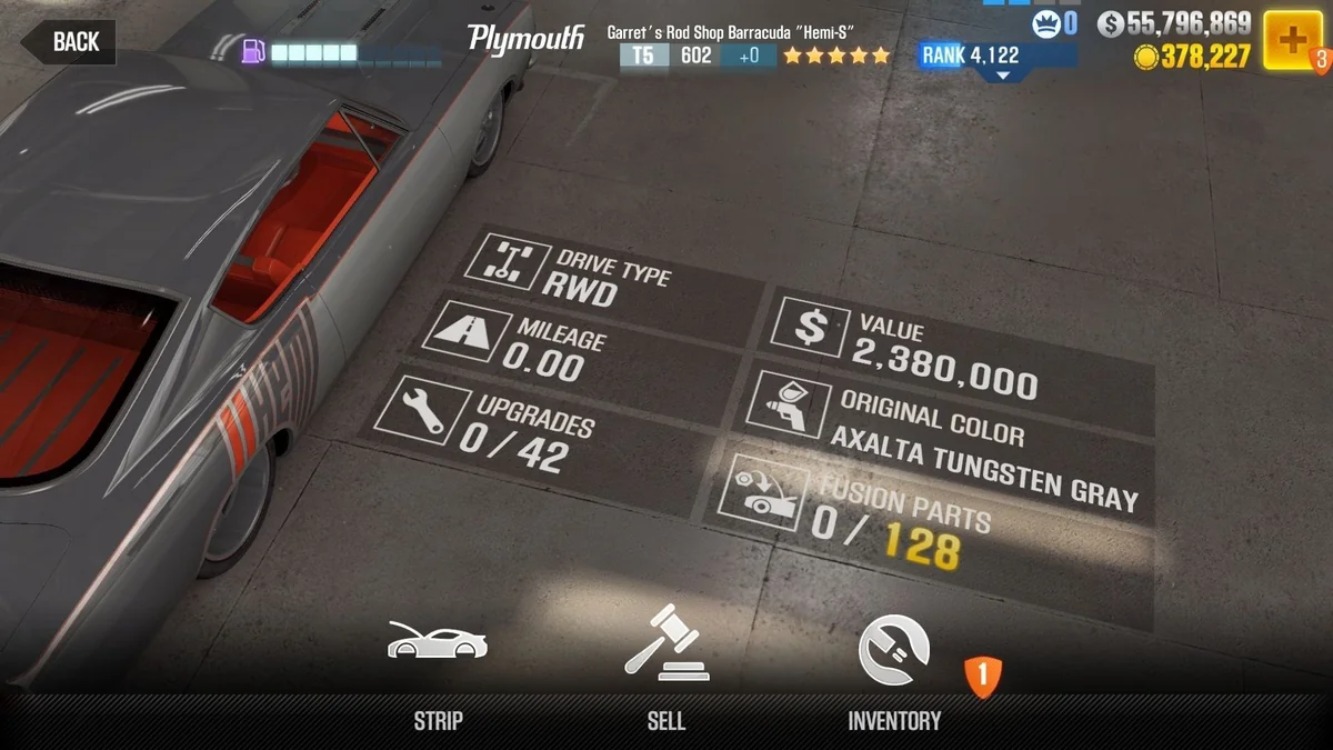 Plymouth Garret's Rod Shop Barracuda ''Hemi-S'' CSR2 fusion parts and upgrade breakdown, tier 5 gold star car