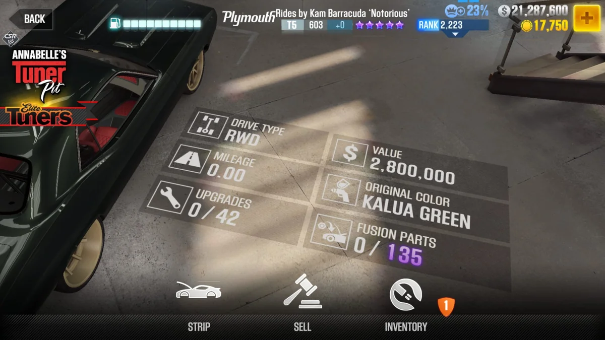 Plymouth Rides by Kam Barracuda 'Notorious' CSR2 fusion parts and upgrade breakdown, tier 5 purple star car