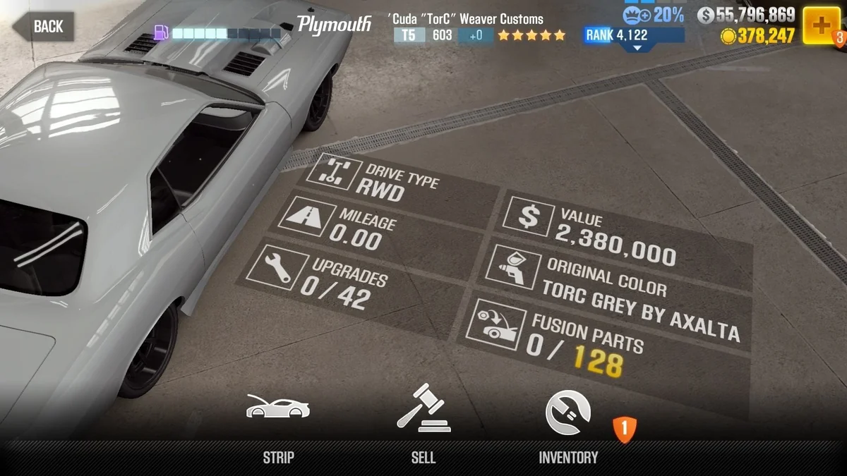 Plymouth 'Cuda ''TorC'' Weaver Customs CSR2 fusion parts and upgrade breakdown, tier 5 gold star car