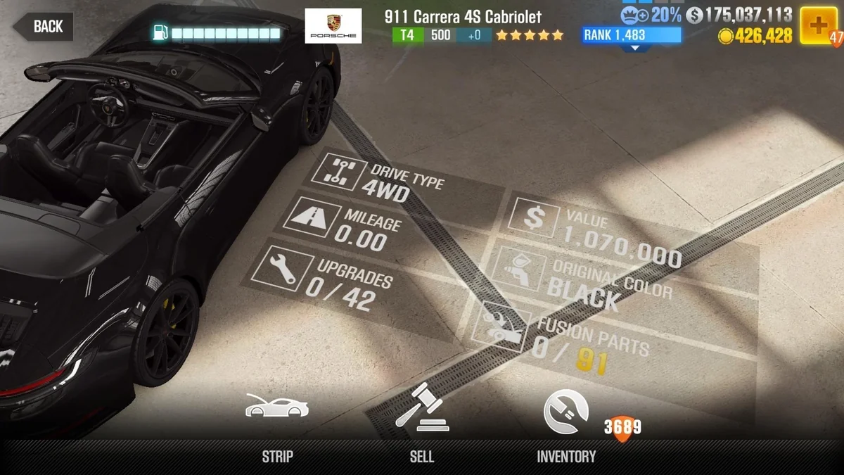Porsche 911 Carrera 4S Cabriolet CSR2 fusion parts and tune setup