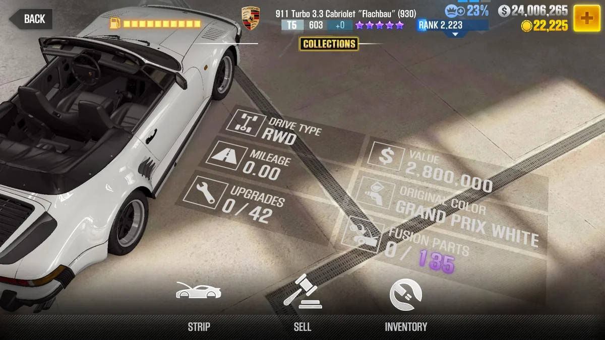 Porsche 911 Turbo 3.3 Cabriolet "Flachbau" (930) CSR2 fusion parts and tune setup