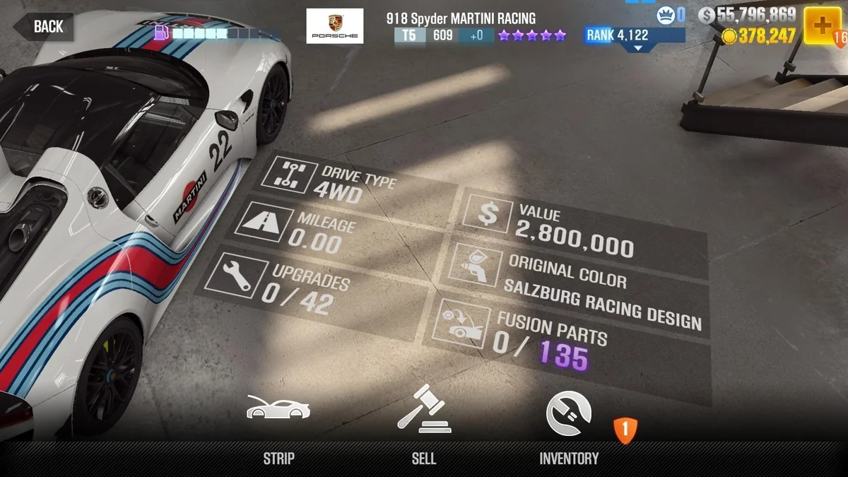 Porsche 918 Spyder MARTINI RACING CSR2 fusion parts and upgrade breakdown, tier 5 purple star car