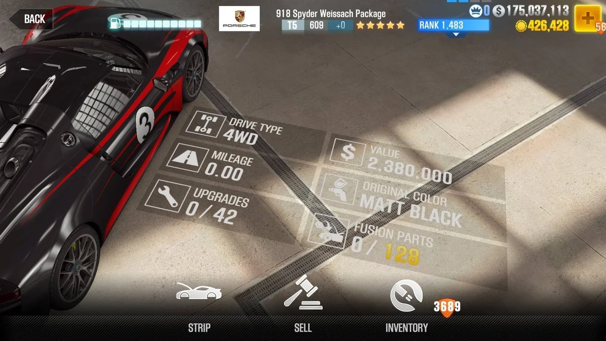 Porsche 918 Spyder Weissach Package CSR2 fusion parts and upgrade breakdown, tier 5 purple star car
