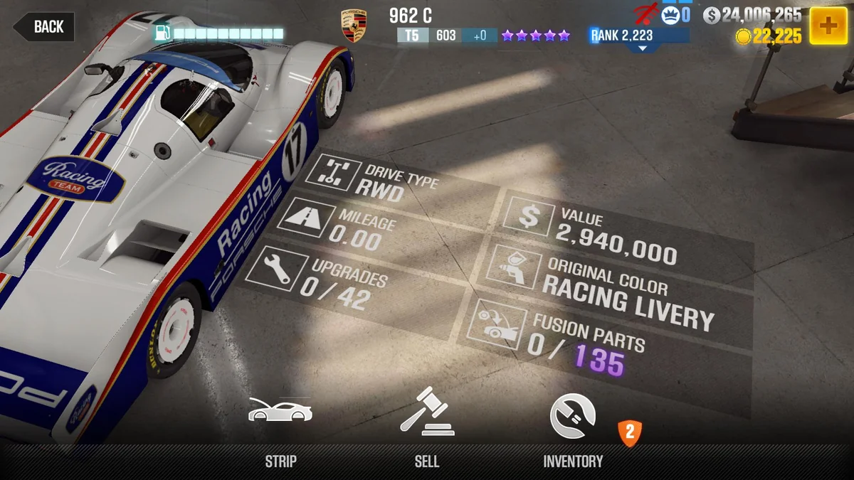 Porsche 962 C CSR2 fusion parts and upgrade breakdown, tier 5 purple star car