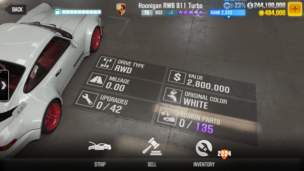 Porsche Hoonigan RWB 911 Turbo CSR2 fusion parts and upgrade breakdown, tier 5 purple star car