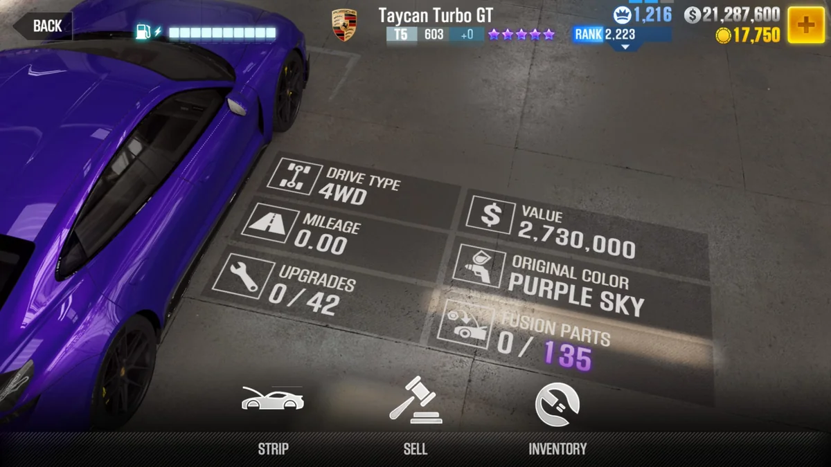 Porsche Taycan Turbo GT CSR2 fusion parts and upgrade breakdown, tier 5 purple star car
