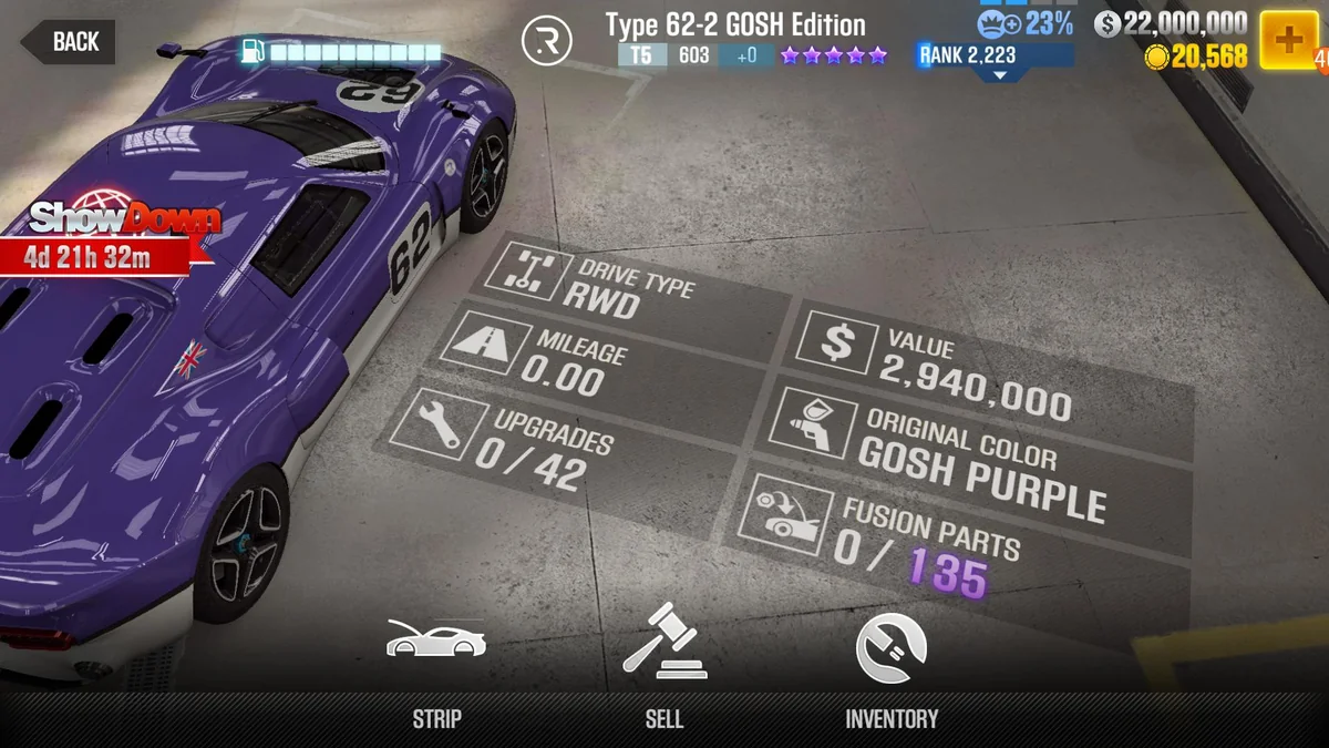 RadFord Type 62-2 GOSH Edition CSR2 fusion parts and upgrade breakdown, tier 5 purple star car