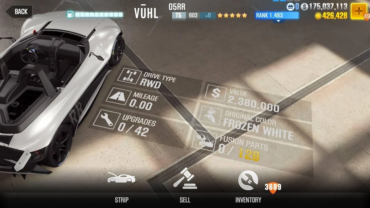 VUHL 05RR Fighter CSR2 fusion parts and upgrade breakdown, tier 5 purple star car