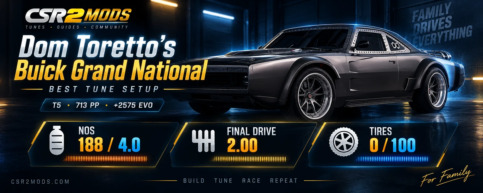 Dom Toretto's Buick Grand National CSR2 best tune setup: NOS 188/4.0, final drive 2.00, tires 0/100