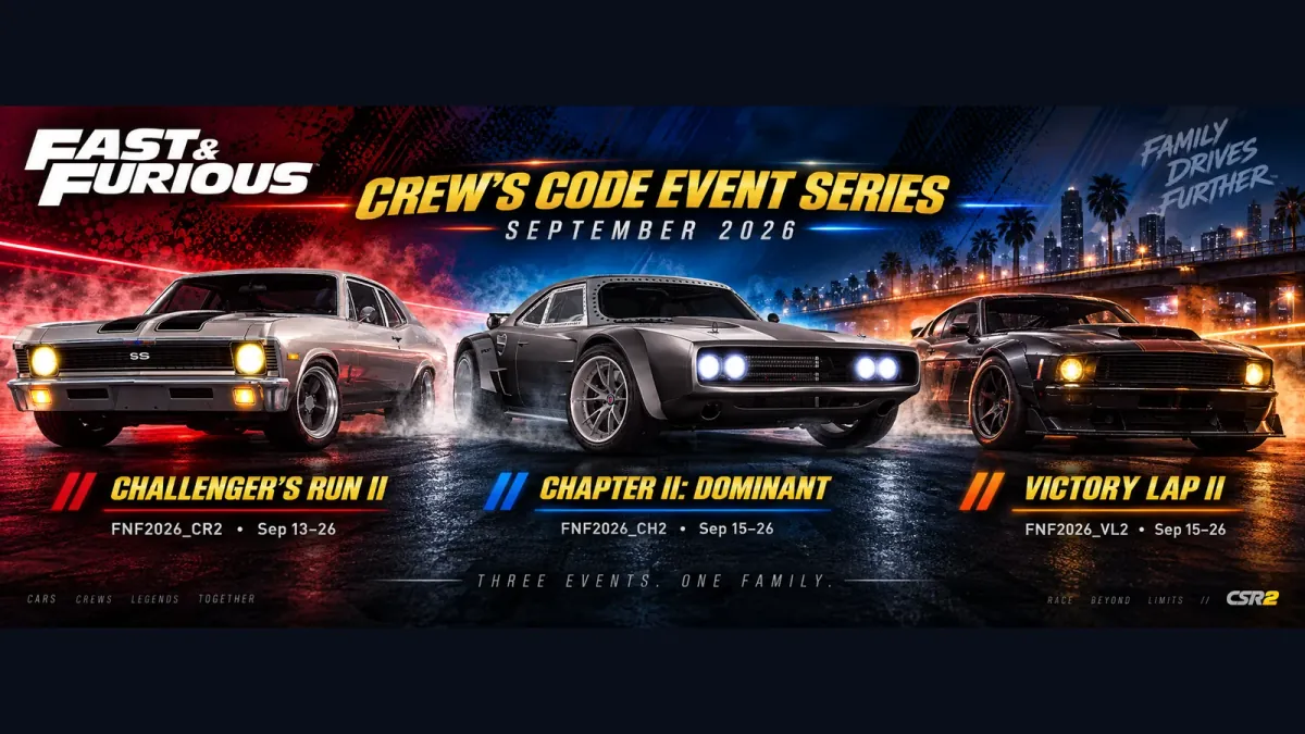 CSR2 Fast and Furious Crew's Code event series banner for Challenger's Run II, Chapter II: Dominant and Victory Lap II