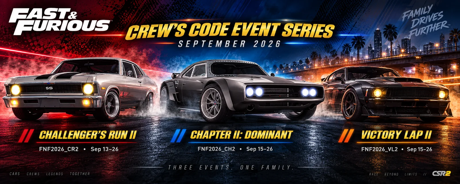 CSR2 Fast and Furious Crew's Code event series banner for Challenger's Run II, Chapter II: Dominant and Victory Lap II